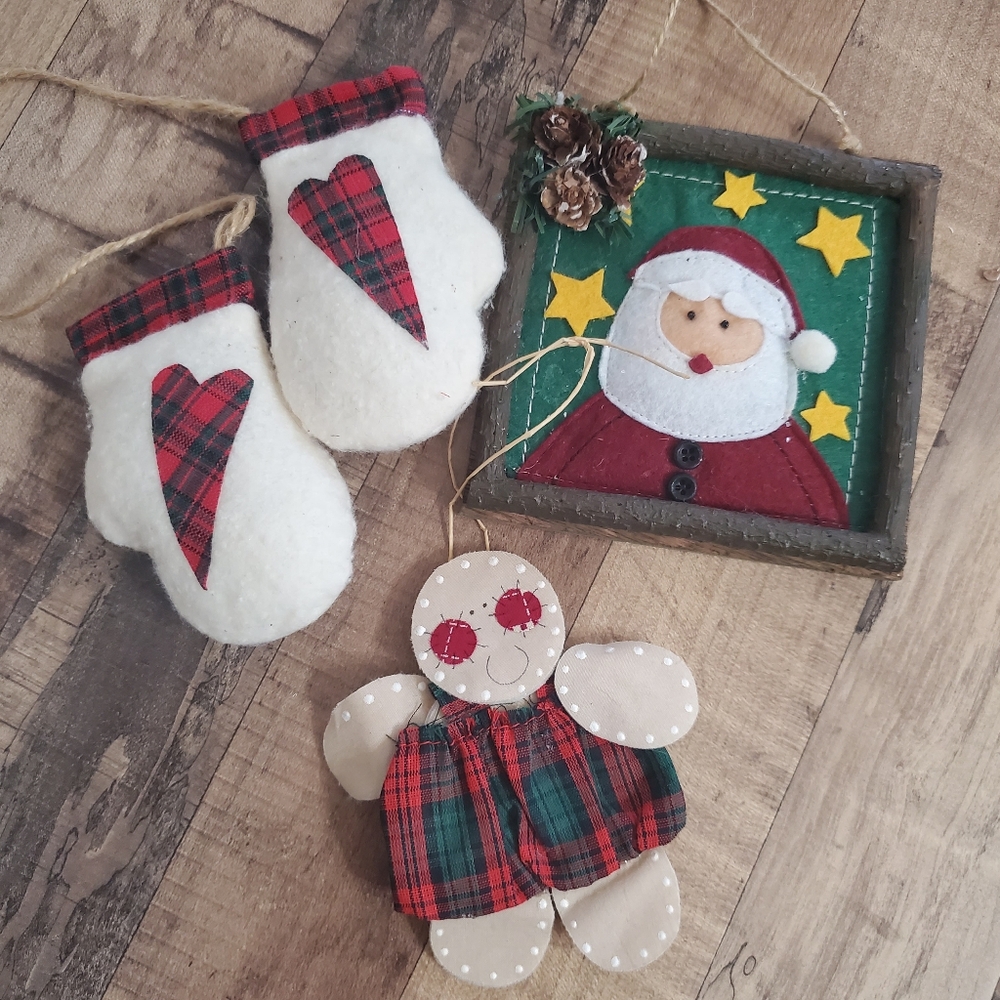 Lot of 3 Holiday homemade felt ornaments plaid mittens Santa framed gingerbread